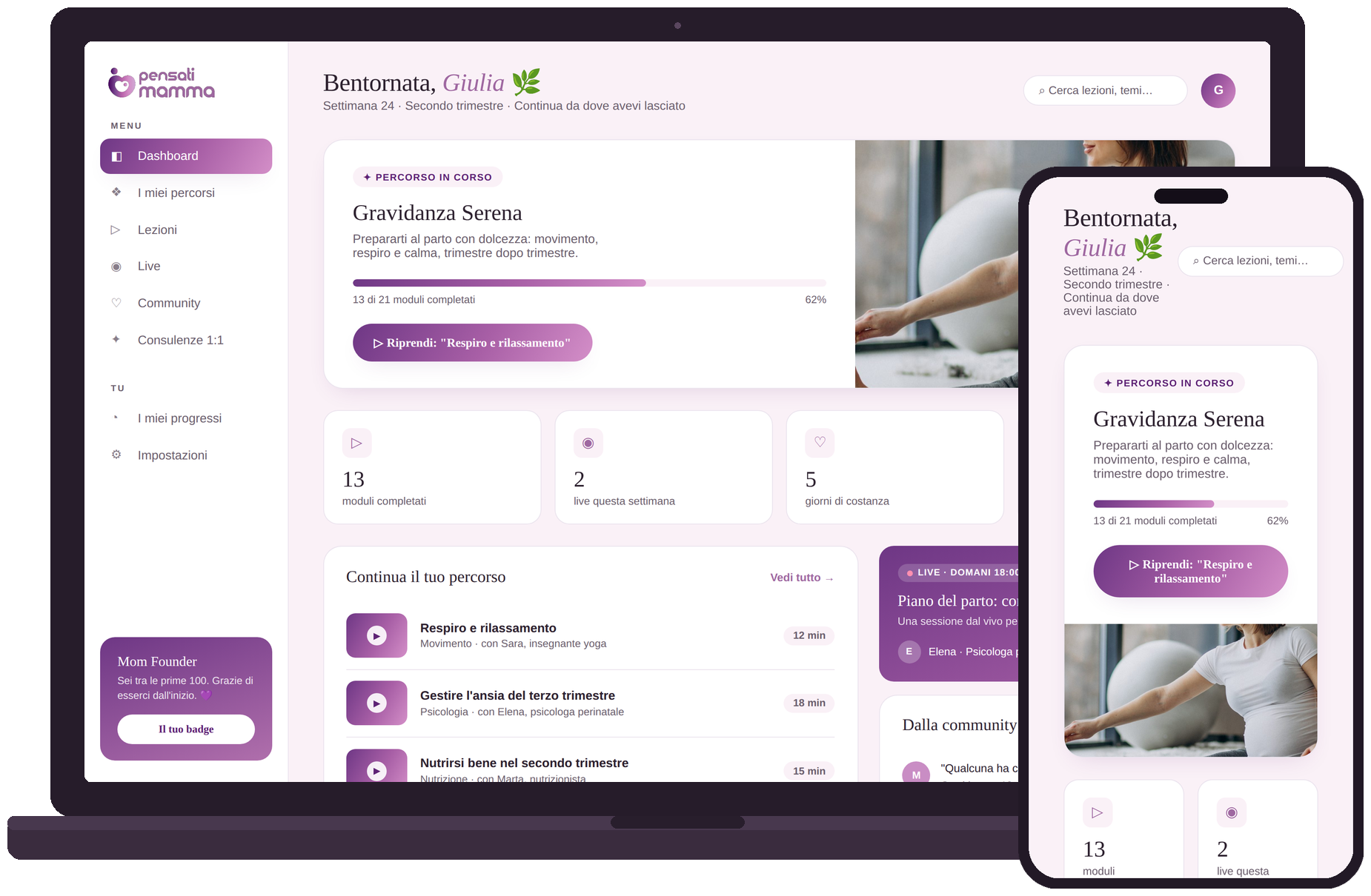 Anteprima della dashboard di Pensati Mamma su laptop e smartphone