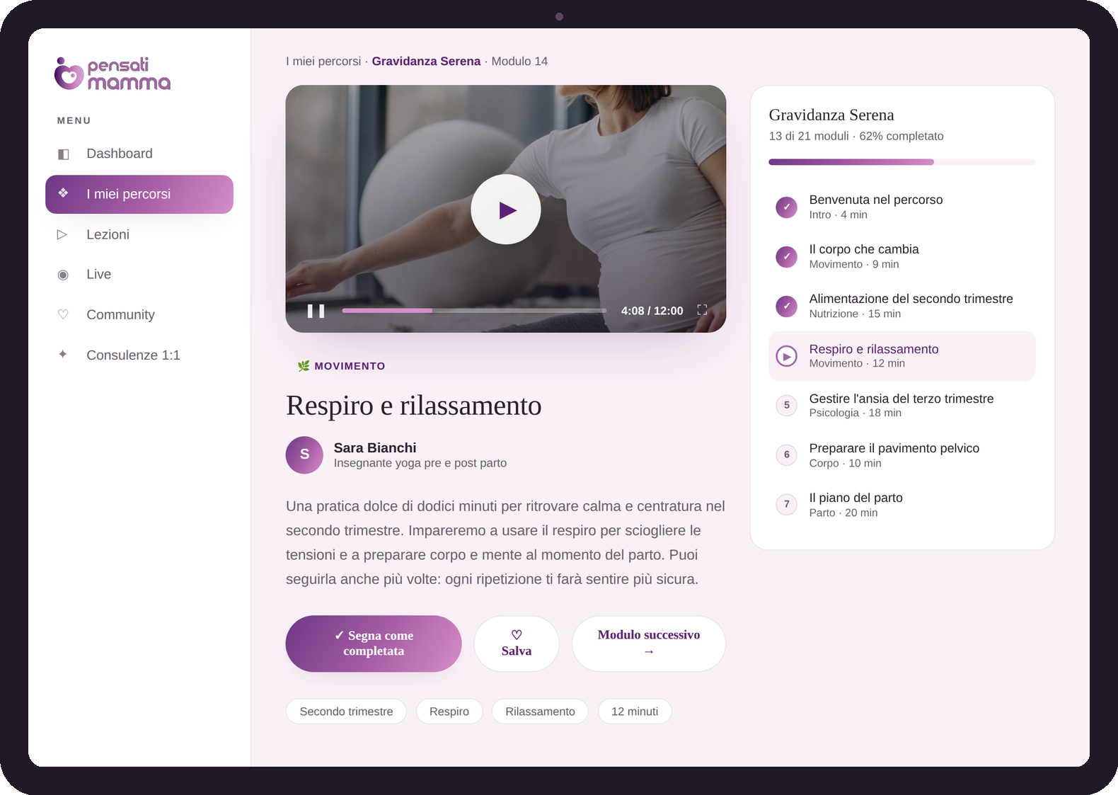 Anteprima di una lezione di Pensati Mamma su tablet